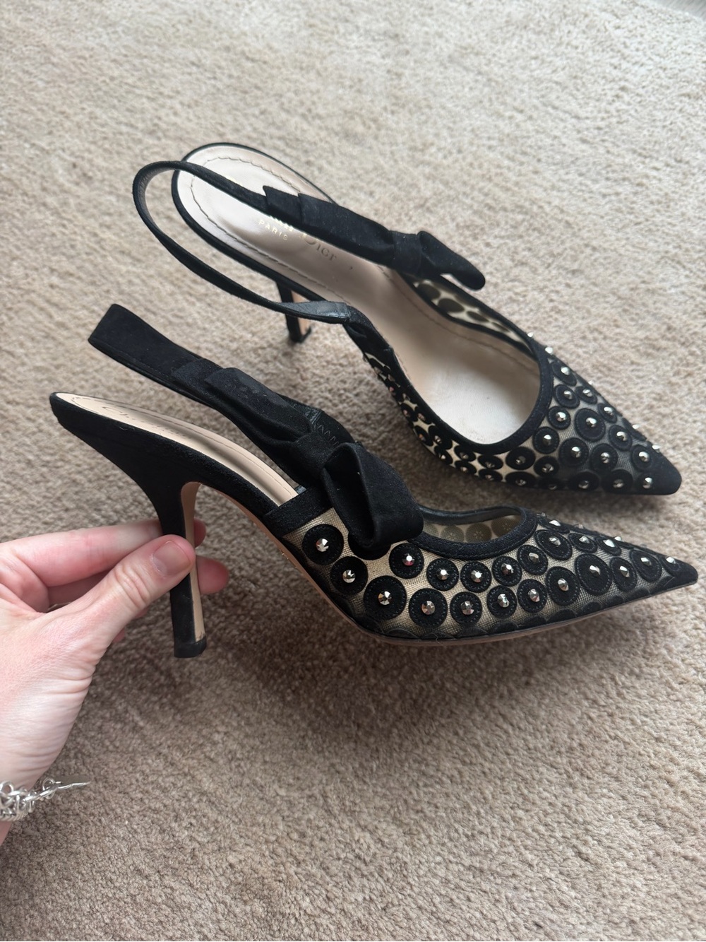 Dior Black Studded Pointed Slingback Heels